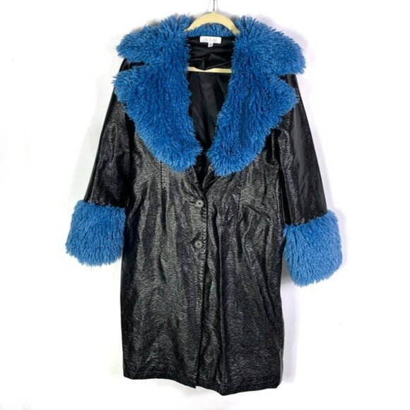 Love Whit Whitney Port Sherpa Collar Coat Black Faux Leather Blue Fur Trim Sz M - Picture 5 of 12